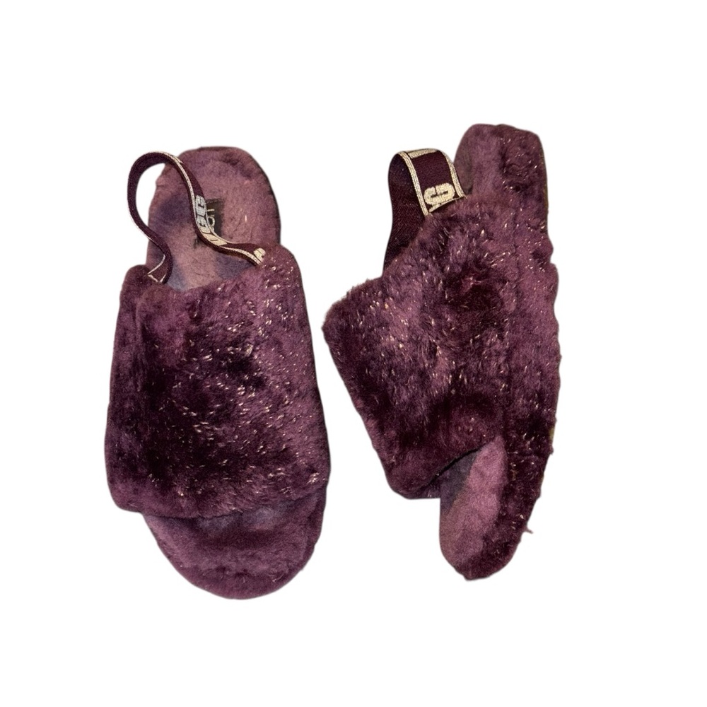 UGG Fluff Yeah Metallic Sparkle Slide Pinot Noir Purple Sheepskin Slippers Sz 11 - Picture 4 of 12